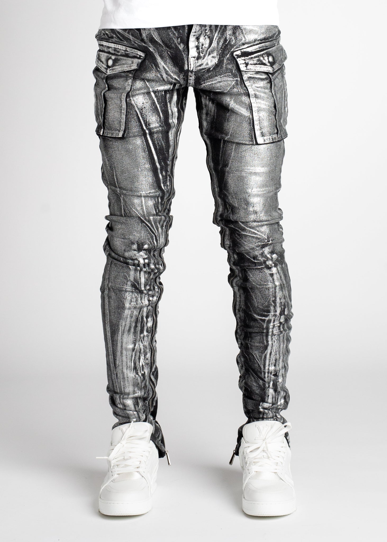 Silver Metallic Stacked Denim