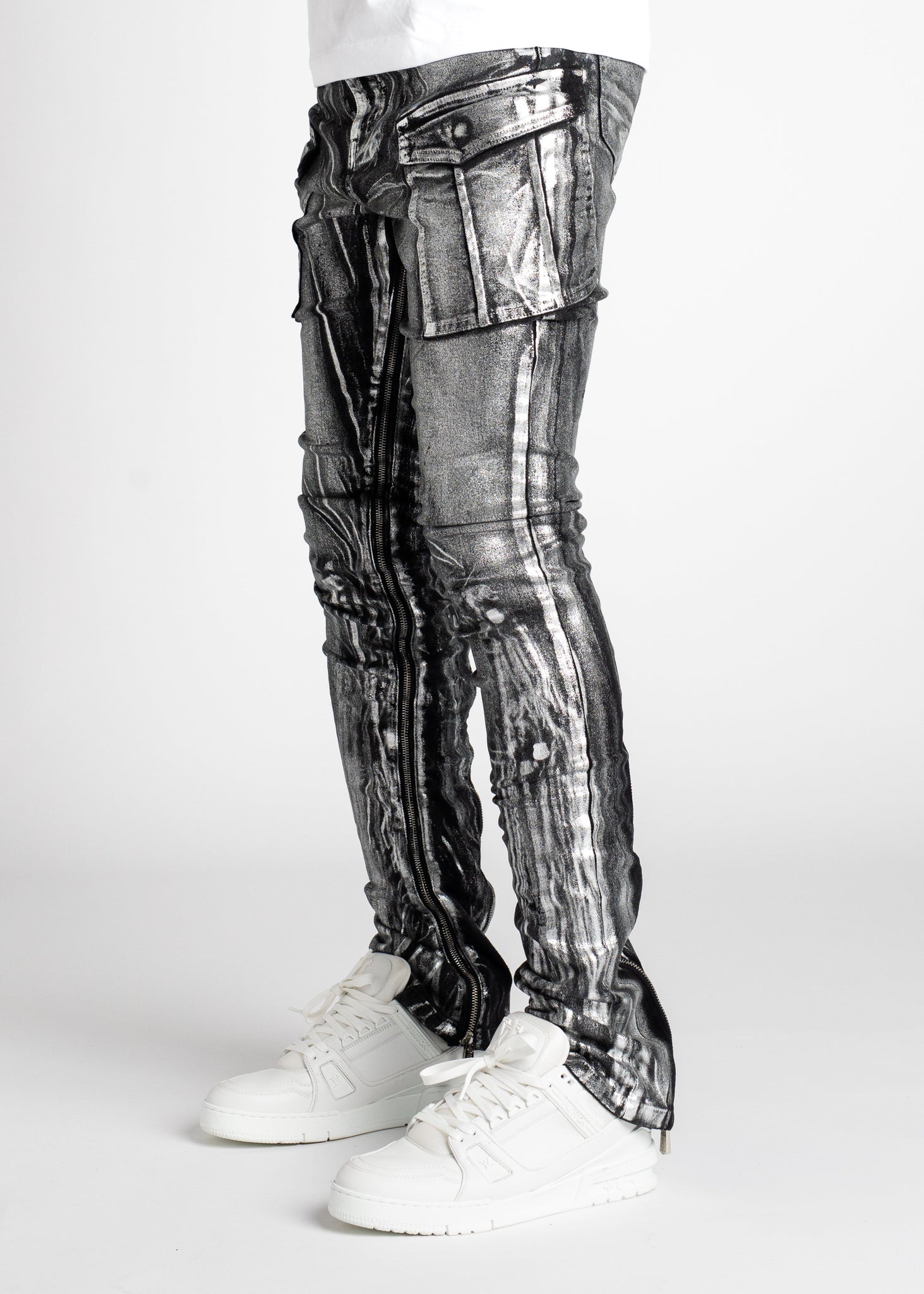 Silver Metallic Stacked Denim