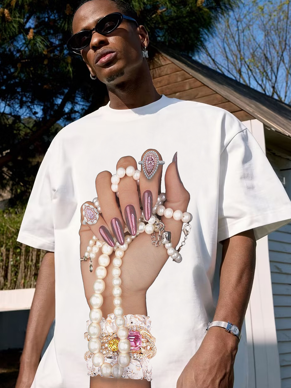 Pearl Necklace and Glossy Nail Print T-shirt