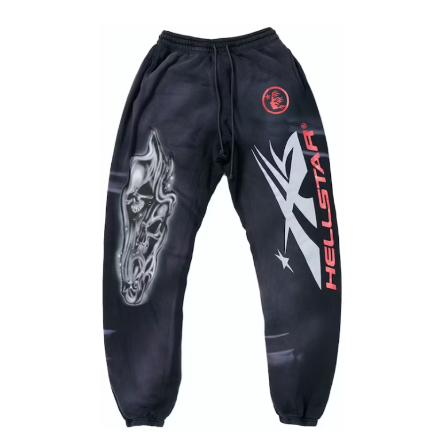 Airbrushed Skull Elastic Sweatpants Black