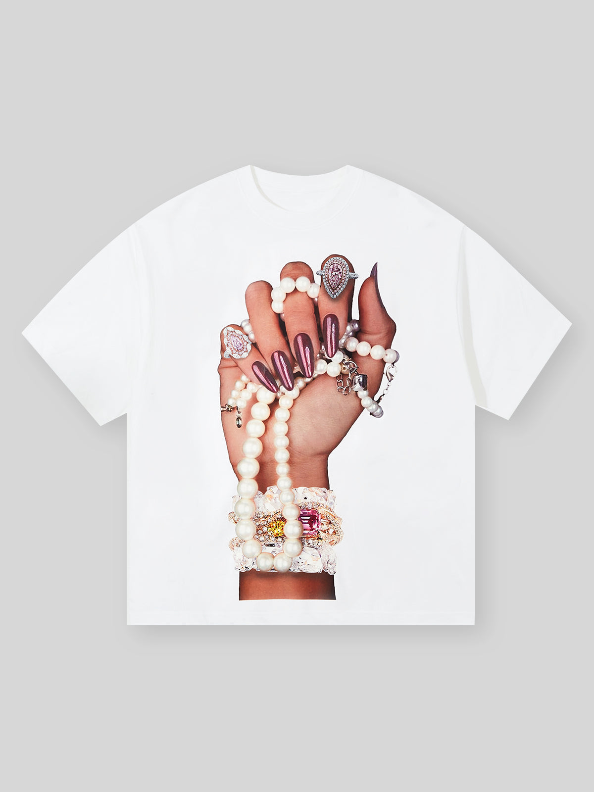 Pearl Necklace and Glossy Nail Print T-shirt