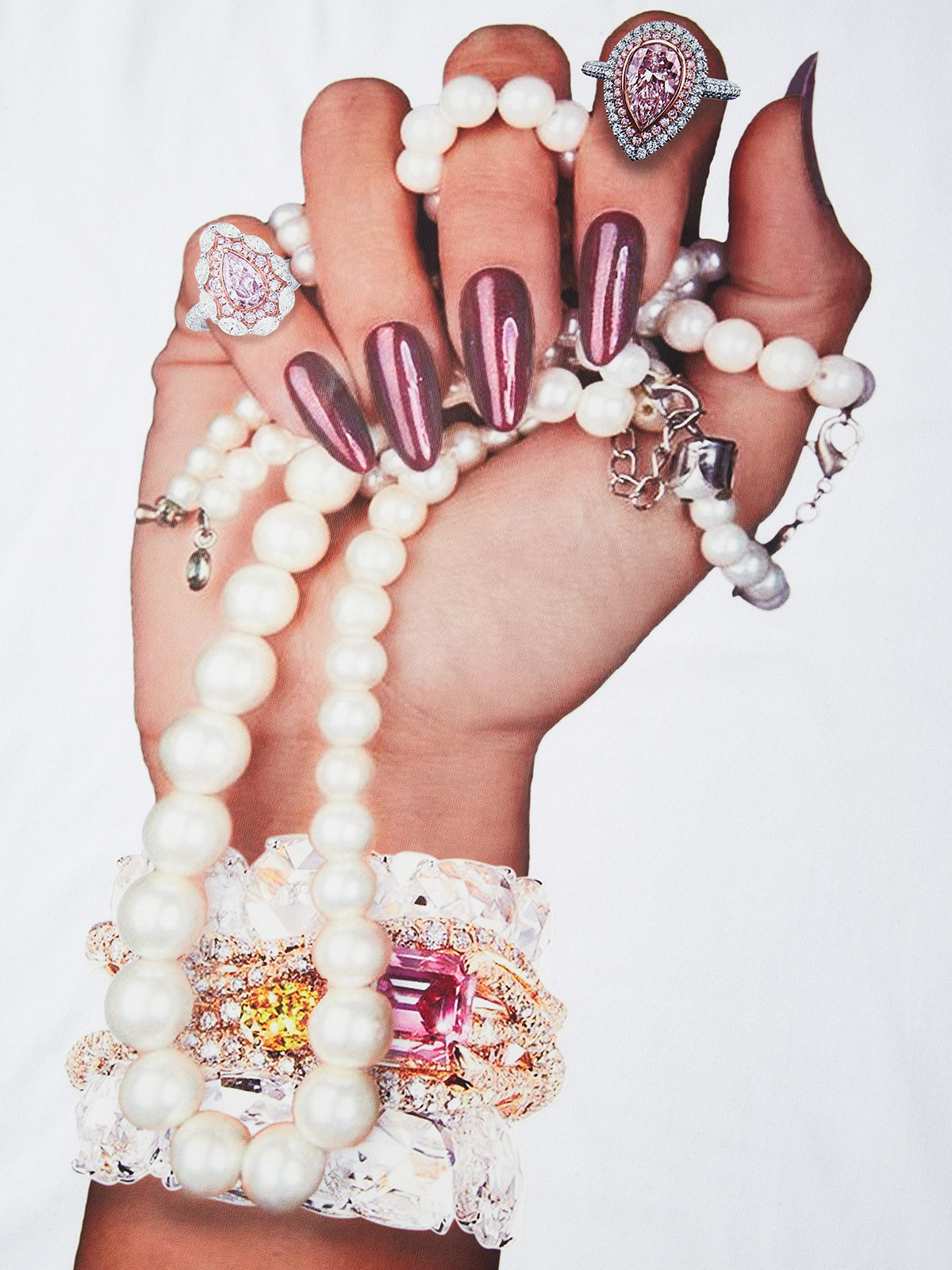 Pearl Necklace and Glossy Nail Print T-shirt