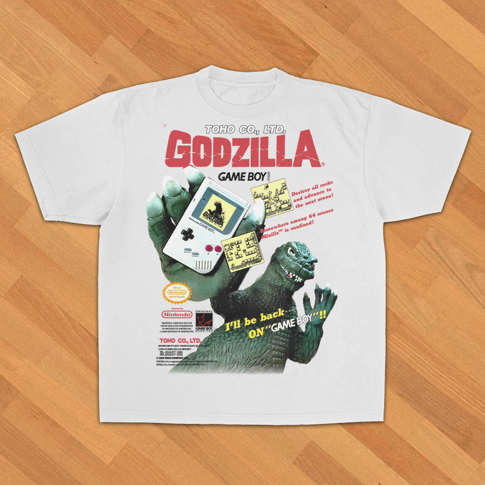 GODZILLA GAMEBOY WHITE HEAVY WEIGHT T-SHIRT