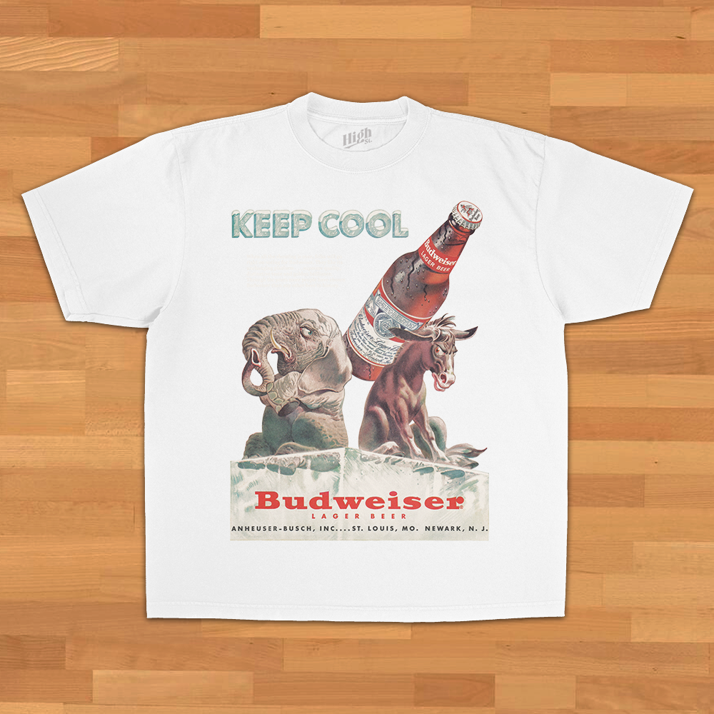 KEEP COOL W/ BUDWEISER HEAVY WEIGHT WHITE T-SHIRT