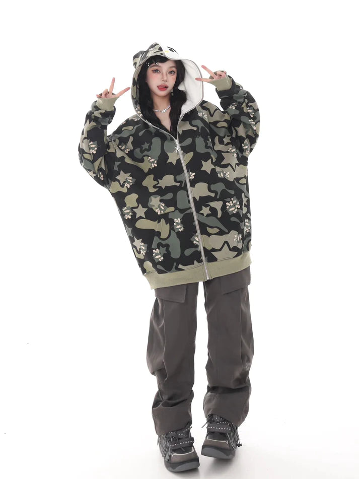 KT Camouflage Hoodies Fall Jacket Oversized Sweatshirts Casual Drawstring Zip Up Y2K Hoodie with Pocket