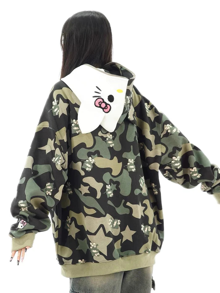 KT Camouflage Hoodies Fall Jacket Oversized Sweatshirts Casual Drawstring Zip Up Y2K Hoodie with Pocket