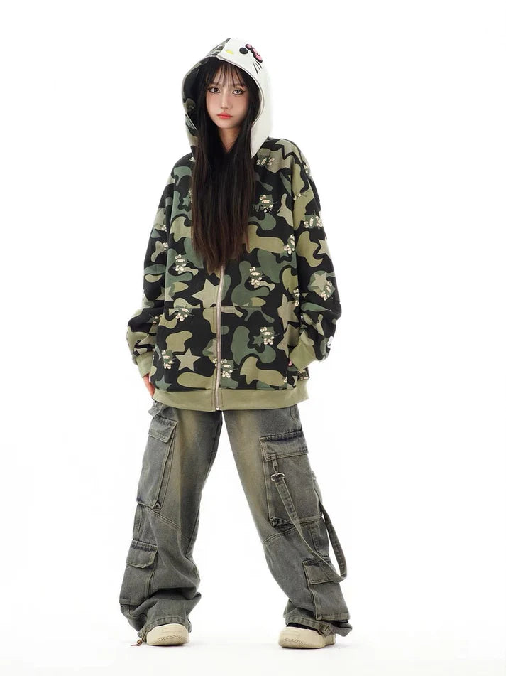 KT Camouflage Hoodies Fall Jacket Oversized Sweatshirts Casual Drawstring Zip Up Y2K Hoodie with Pocket