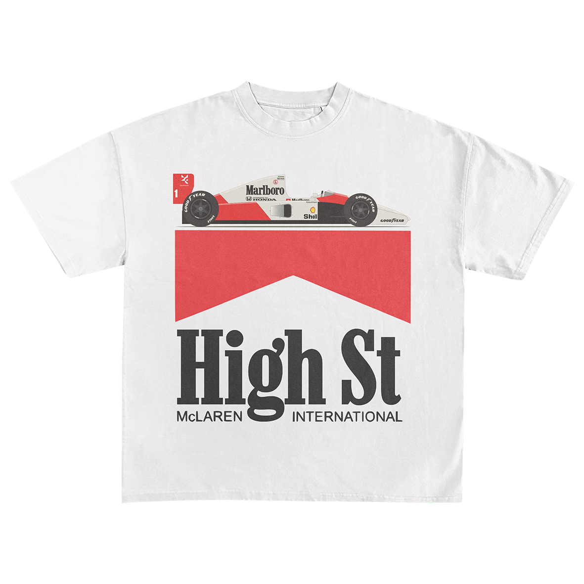 HIGH ST. MCLAREN INTERNATIONAL. HEAVY WEIGHT WHITE T-SHIRT