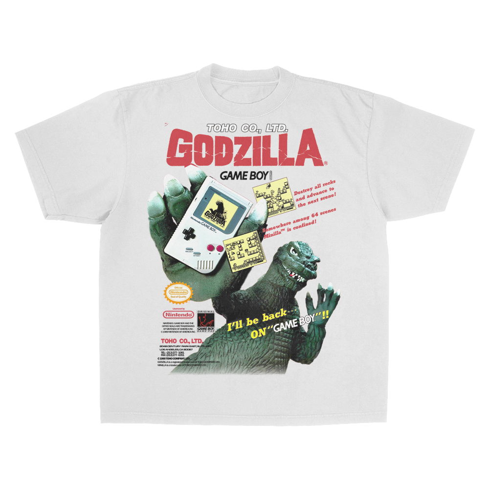 GODZILLA GAMEBOY WHITE HEAVY WEIGHT T-SHIRT