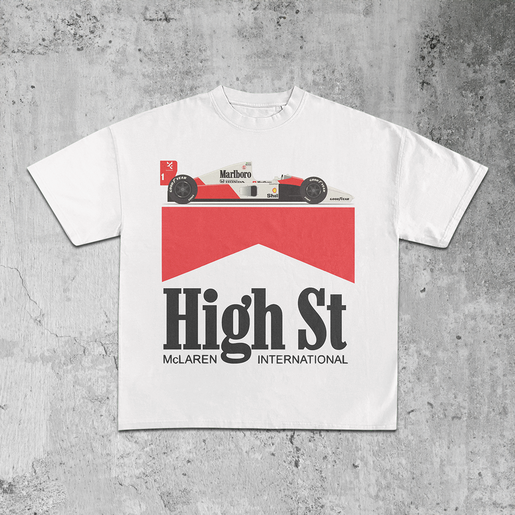 HIGH ST. MCLAREN INTERNATIONAL. HEAVY WEIGHT WHITE T-SHIRT