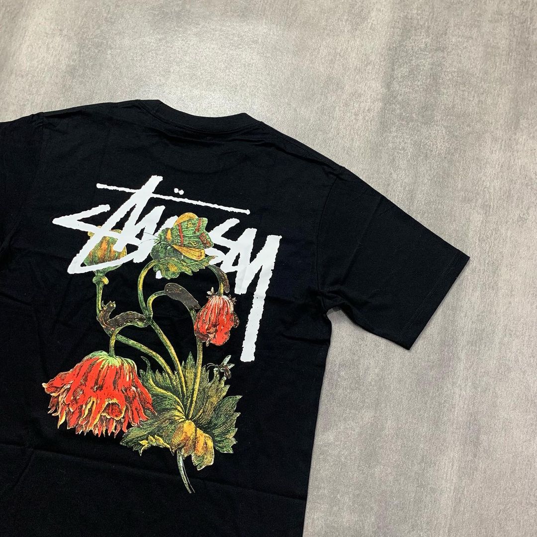 Stussy White Red Flower T-Shirt Black