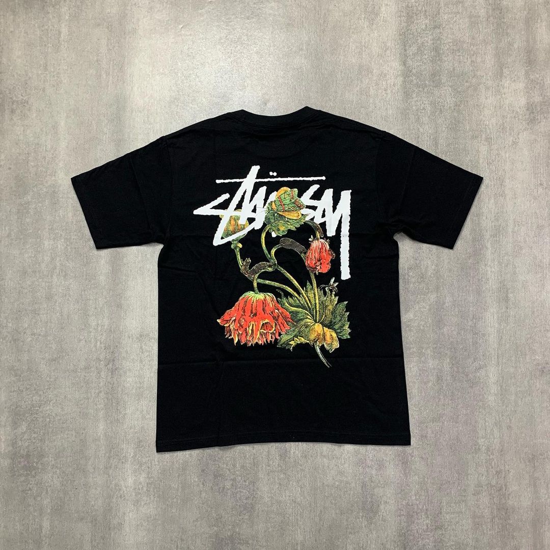 Stussy White Red Flower T-Shirt Black