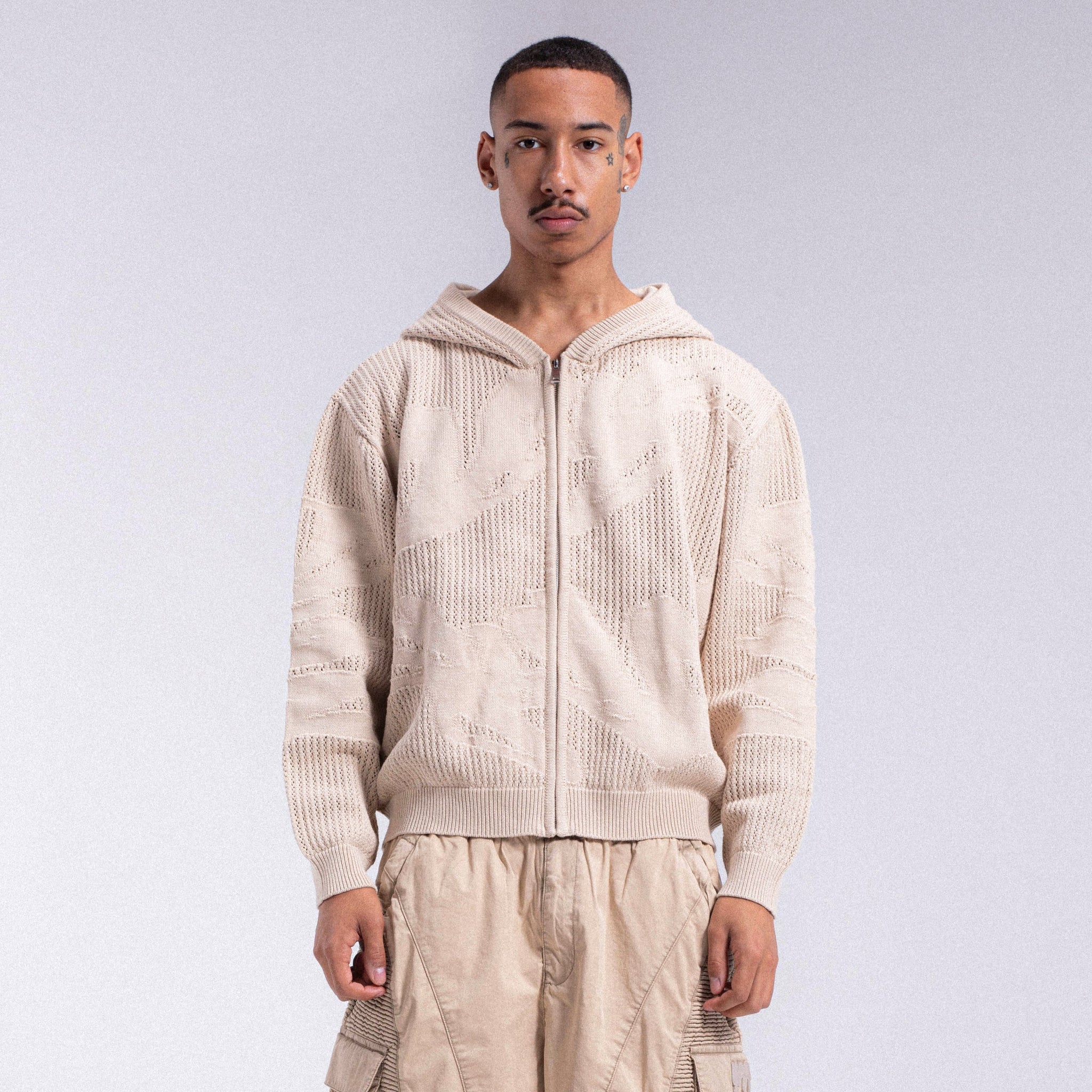 Crochet "WEYZ" Zip Hoodie - Beige